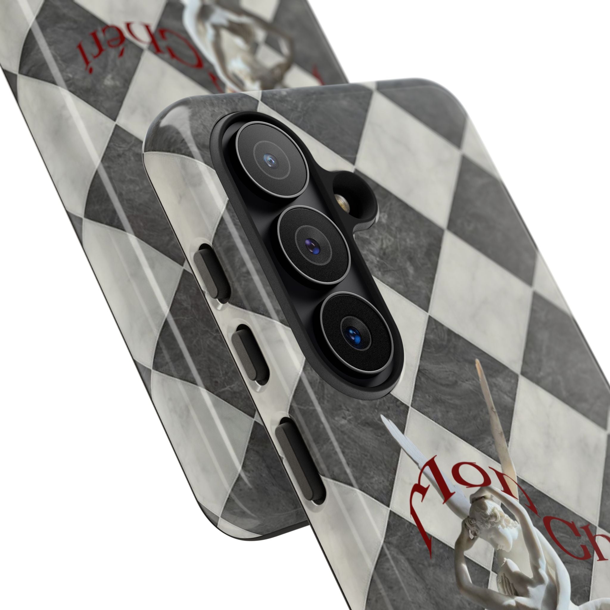 Phone Case — Vintage Harlequin Design with 'Mon Cheri' Statue Accent