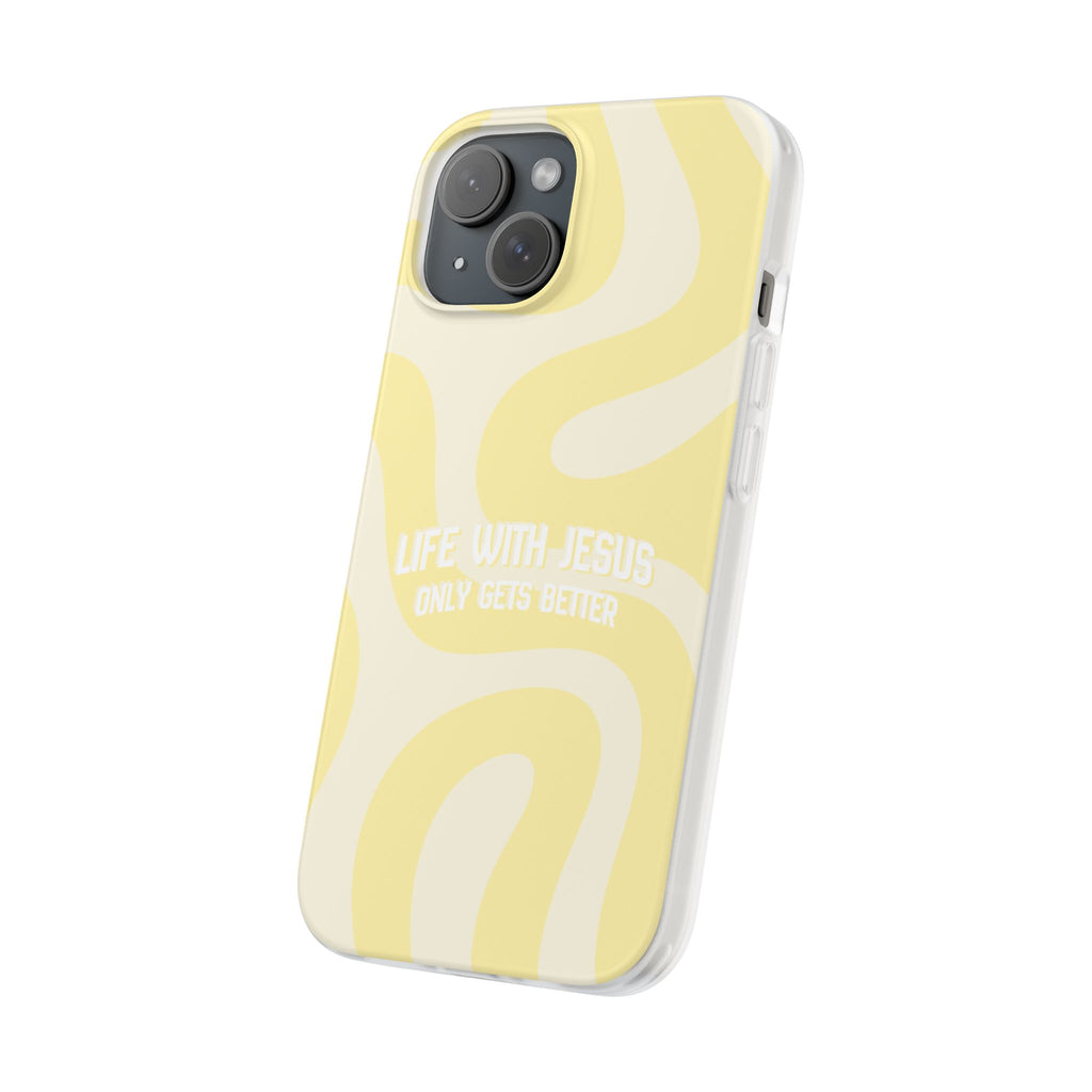 Christian Phone Case - "Life With Jesus Only Gets Better" Yellow Swirl Flexi Case