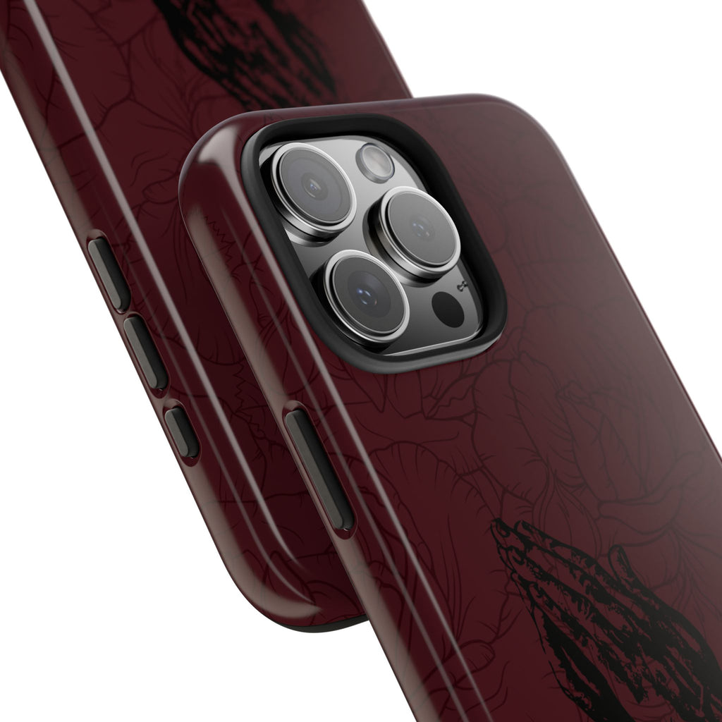 Burgundy Praying Hands Tough Phone Case – Floral Background, Religious Protective Cover