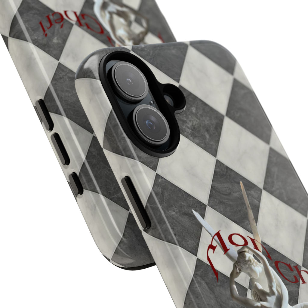 Phone Case — Vintage Harlequin Design with 'Mon Cheri' Statue Accent