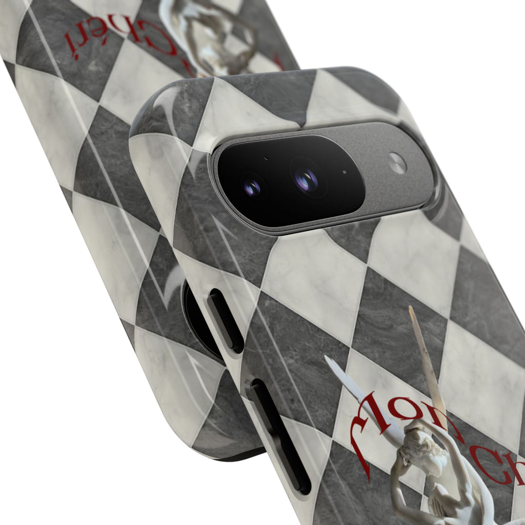 Phone Case — Vintage Harlequin Design with 'Mon Cheri' Statue Accent