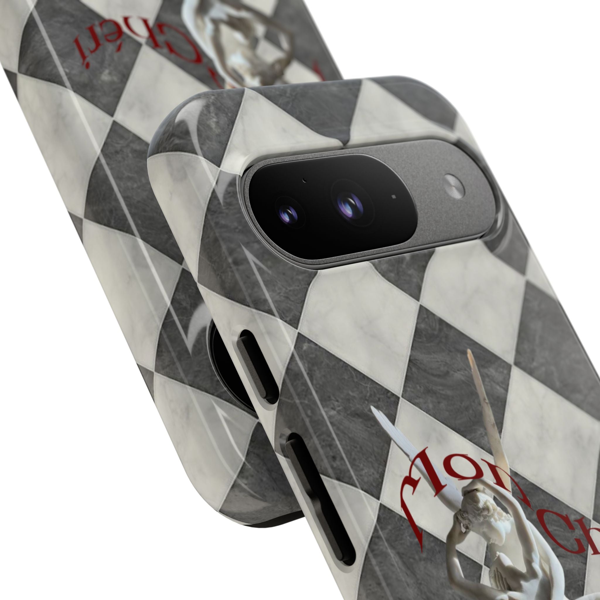 Phone Case — Vintage Harlequin Design with 'Mon Cheri' Statue Accent
