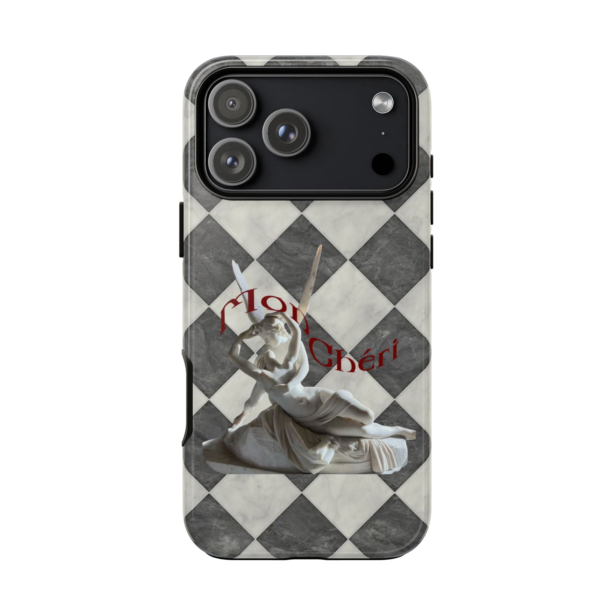 Phone Case — Vintage Harlequin Design with 'Mon Cheri' Statue Accent