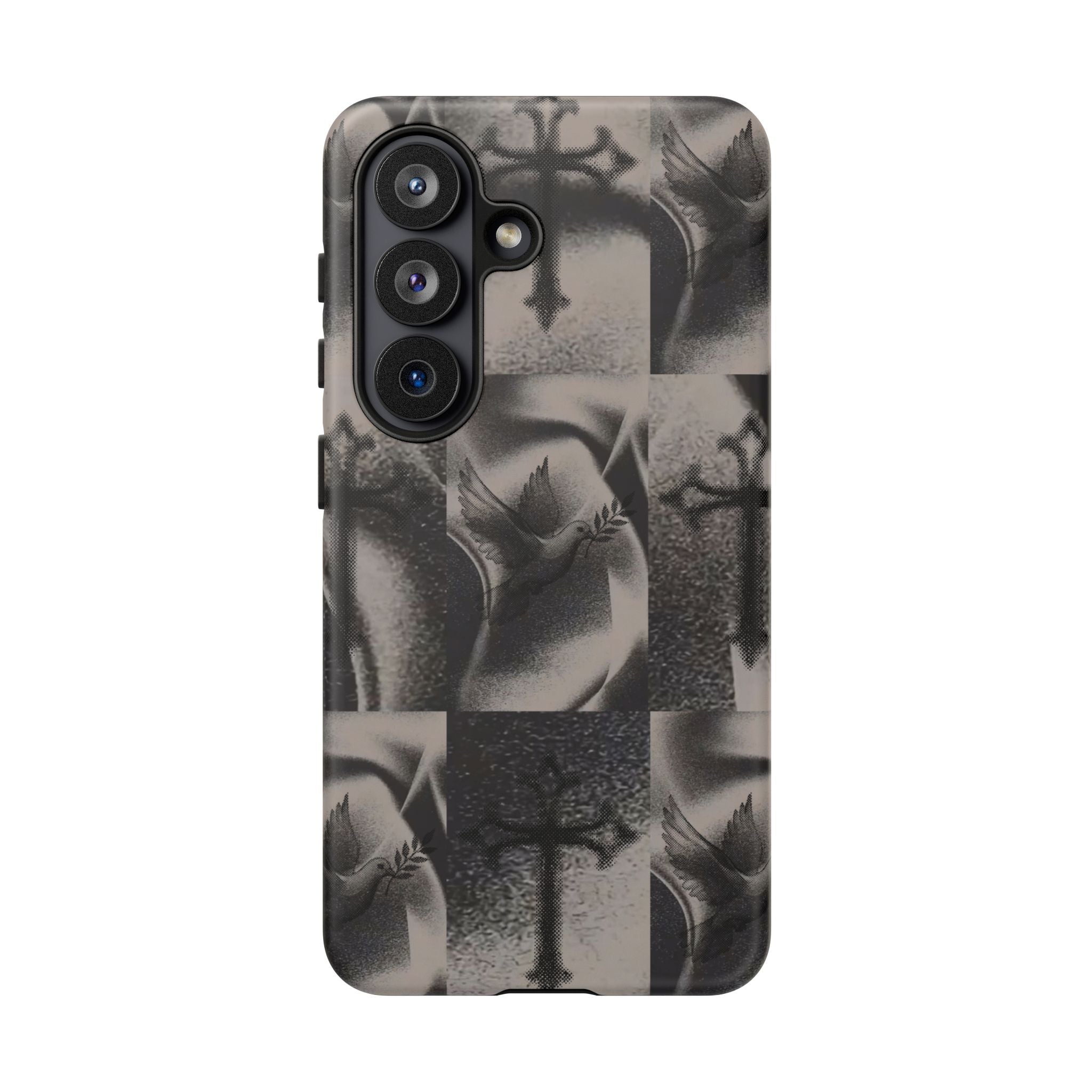 Gothic Cross & Dove Phone Case — Moody Checkerboard Protective Case