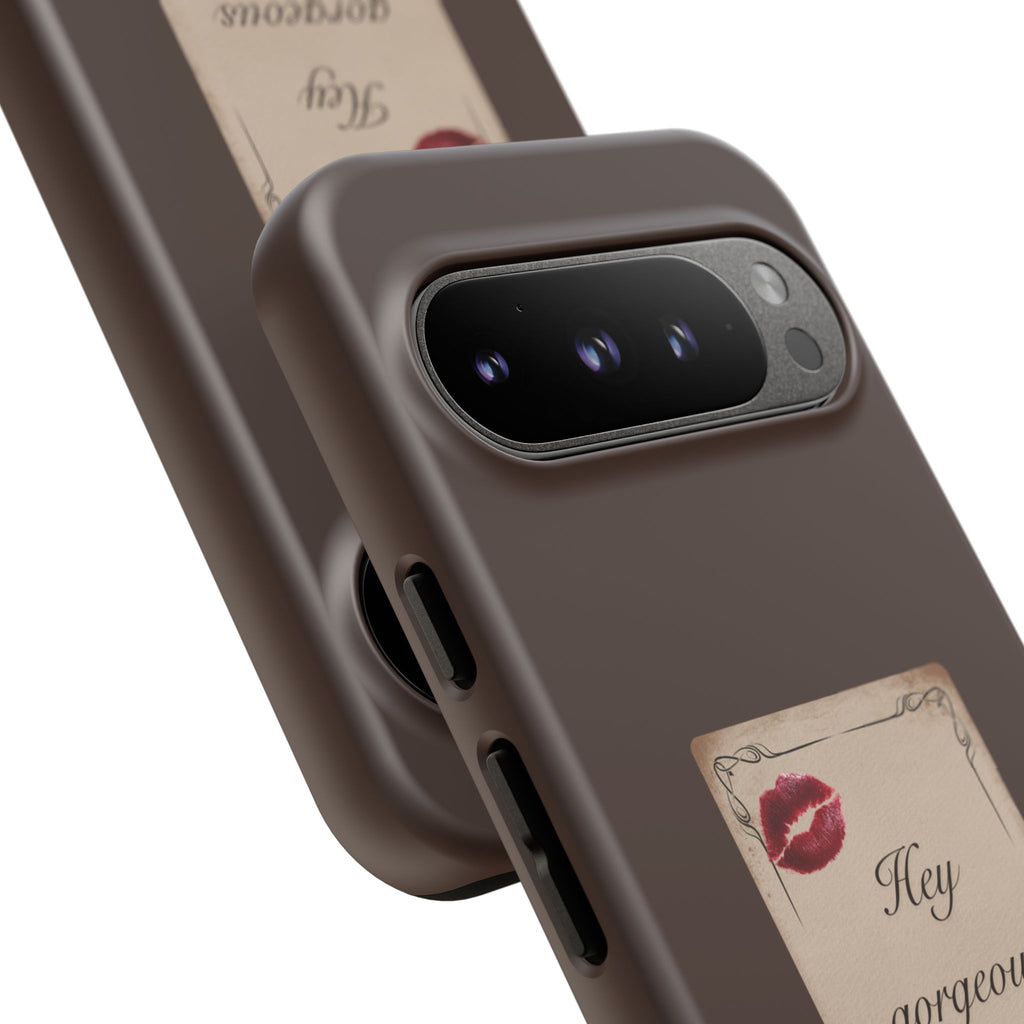 Hey Gorgeous Phone Case — Brown Lip Print & Shadow Hand Protective Cover