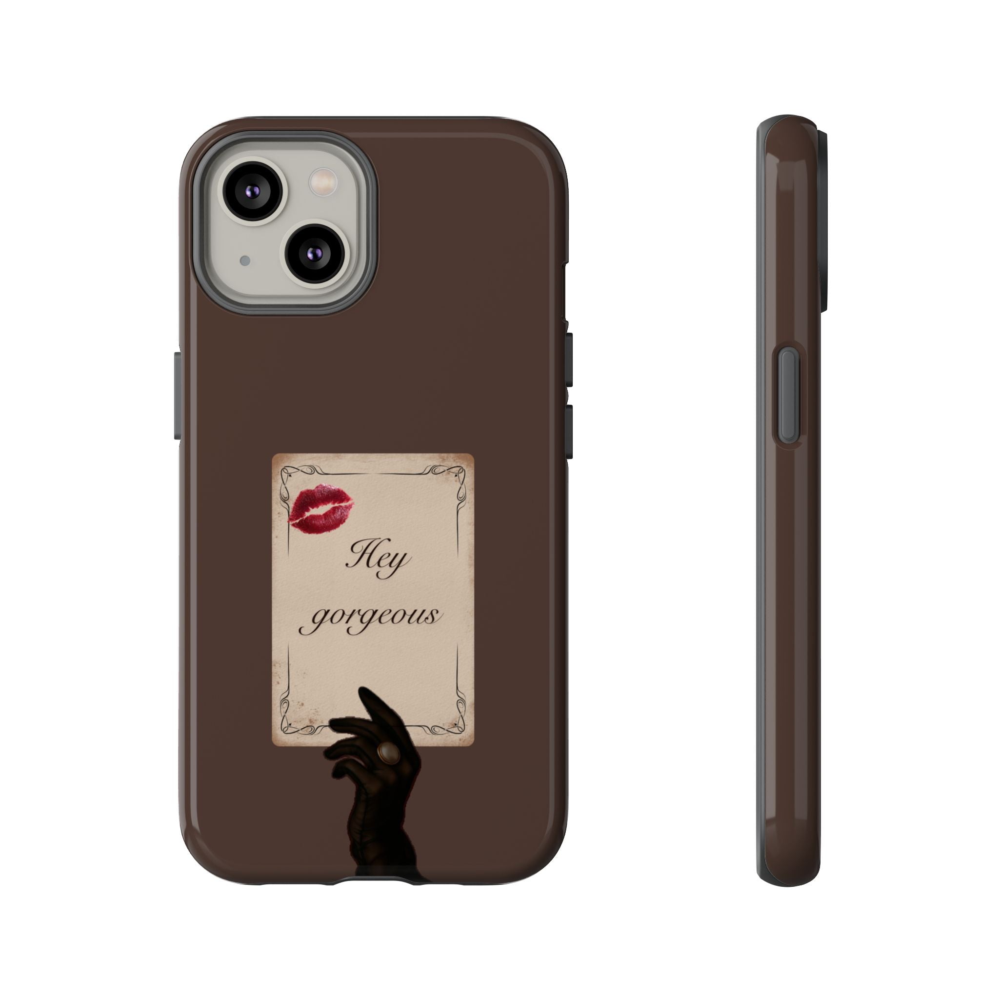 Hey Gorgeous Phone Case — Brown Lip Print & Shadow Hand Protective Cover