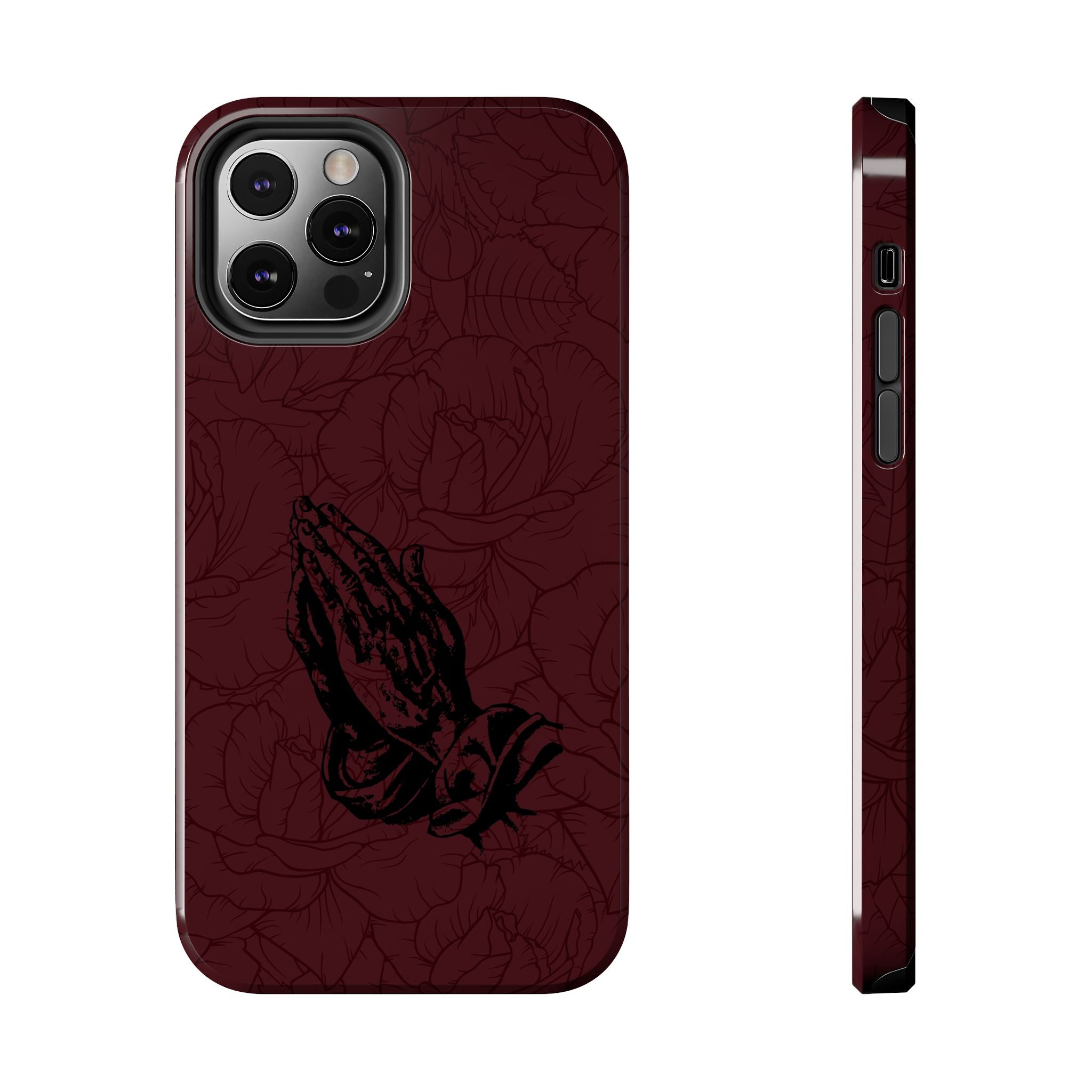 Burgundy Praying Hands Tough Phone Case – Floral Background, Religious Protective Cover