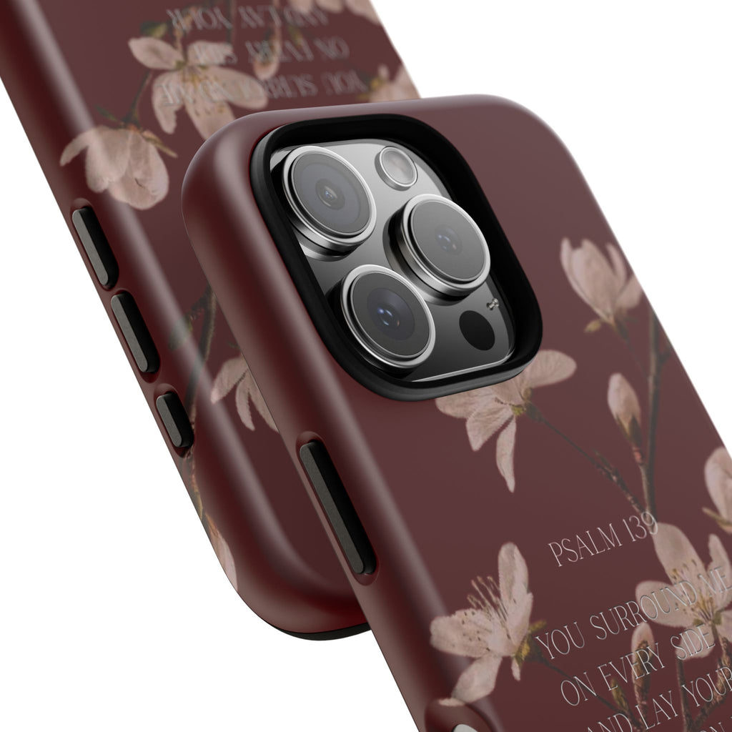 Floral Psalm Tough Phone Case — Burgundy Magnolia Branch with Psalm 139 Verse